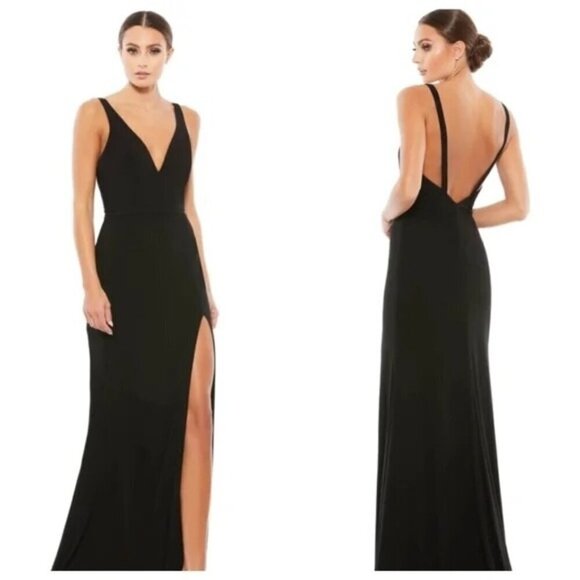 Mac Duggal Dresses & Skirts - Mac Duggal 25846 Jersey Plunge V-neck Black Gown Dress High Slit Size 4 NWT